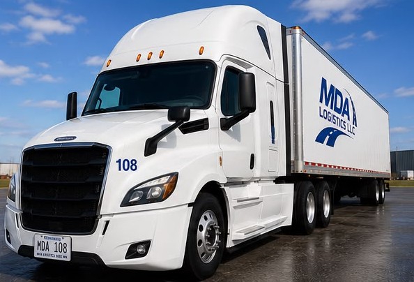 White commercial semi-truck branded with MDA Logistics logo representing freight hauling and transportation services based in Bloomington, Minnesota.