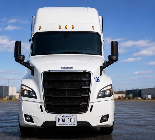 Front view of a white MDA Logistics commercial semi-truck representing FMCSA safety compliance, USDOT 3503486, and MC-1157233 registration.