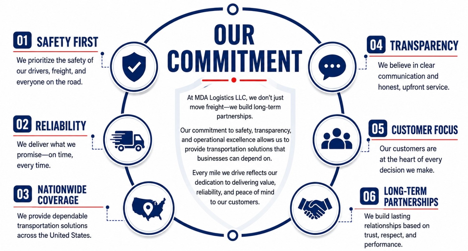 MDA Logistics commitment infographic highlighting safety, transparency, reliability, customer focus, nationwide coverage, and long-term partnerships.