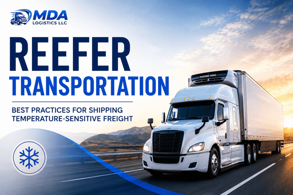 Reefer transportation truck transporting temperature-sensitive freight safely across the United States.